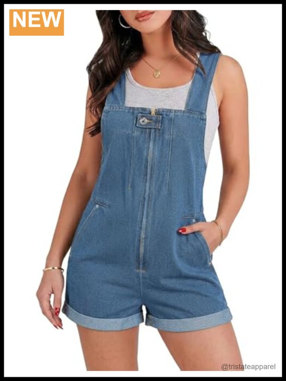 POTILI Sleeveless Denim Romper Cotton Blend Zip Front Shortalls with Pockets